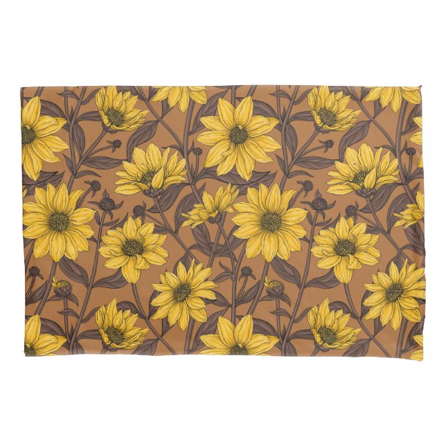Sunroot, wild sunflower in yellow and  brown pillowcase (Front-Left)