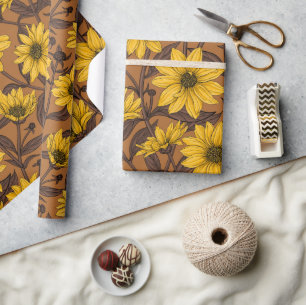 Sunroot, wild sunflower in yellow and brown wrapping paper