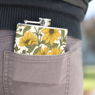 Sunroot, wild sunflower on off white hip flask