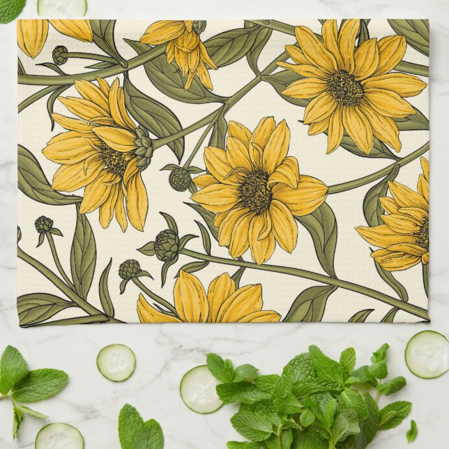 Sunroot, wild sunflower on off white kitchen towel (Folded)