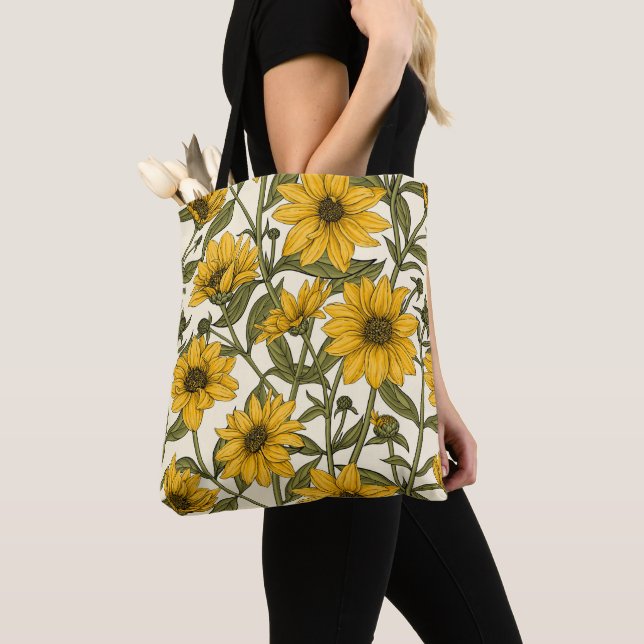 Sunroot, wild sunflower on off white tote bag (Close Up)