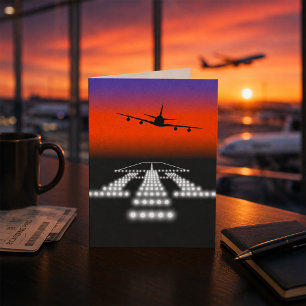 Sunset Airplane Approach Runway Lights Aviation Card