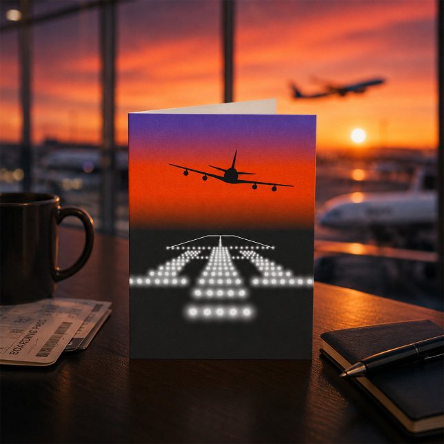 Sunset Airplane Approach Runway Lights Aviation  Card (Creator Uploaded)