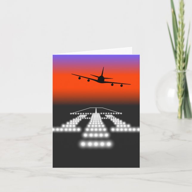 Sunset Airplane Approach Runway Lights Aviation  Card (Front)