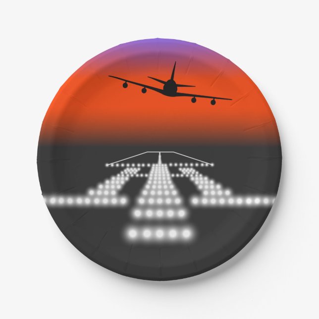 Sunset Airplane Approach Runway Lights Aviation  Paper Plate (Front)