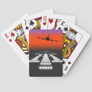 Sunset Airplane Approach Runway Lights Aviation Playing Cards