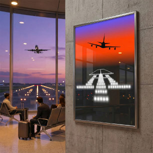 Sunset Airplane Approach Runway Lights Aviation  Poster