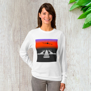 Sunset Airplane Approach Runway Lights Aviation  T-Shirt