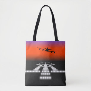 Sunset Airplane Approach Runway Lights Aviation  Tote Bag