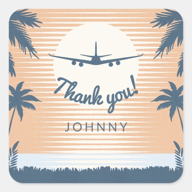 sunset airplane thank you square sticker (Front)