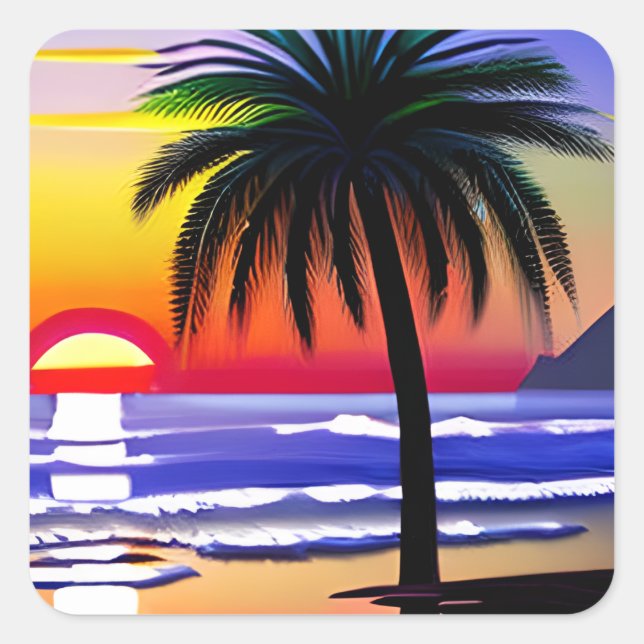 Sunset and Palm Tree Beachy ARt Square Sticker (Front)
