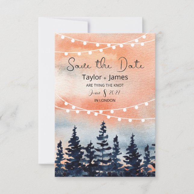 Sunset and Pine Forest Flat Save The Date Card (Front)
