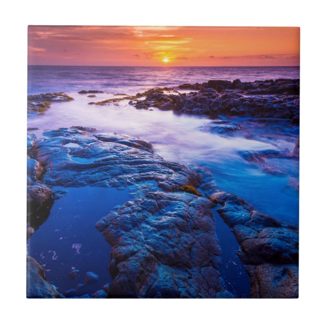 Sunset And Tide Pool In Hawaii Tile (Front)