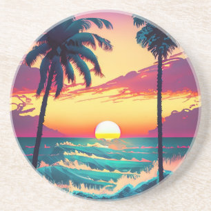 Sunset at beach with Palm trees Painting Coaster