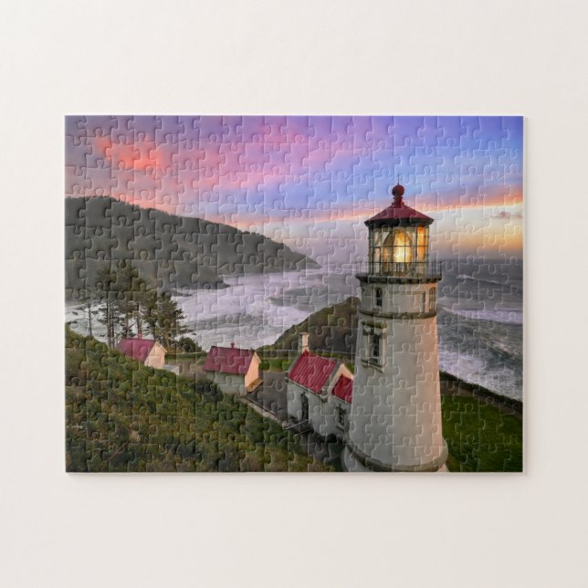Sunset at Heceta Head Lighthouse on Oregon Coast Jigsaw Puzzle (Horizontal)