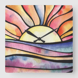 SUNSET AT SEA Watercolor Square Clock