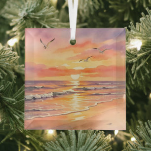 Sunset at the beach with birds glass ornament
