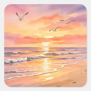 Sunset at the beach with birds square sticker