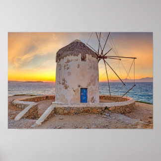 Sunset at the famous windmills of Mykonos, Greece Poster