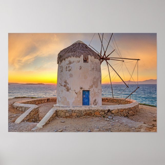 Sunset at the famous windmills of Mykonos, Greece Poster (Front)