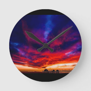 Sunset at the Pier, Huntington Beach, CA Round Clock