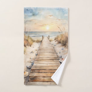 Sunset Beach Boardwalk Watercolor Bath Towel Set