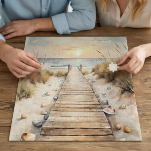 Sunset Beach Boardwalk Watercolor Jigsaw Puzzle