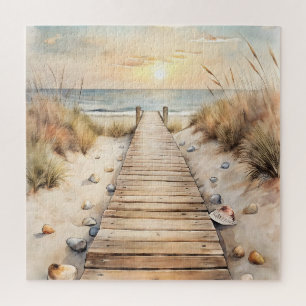 Sunset Beach Boardwalk Watercolor Jigsaw Puzzle