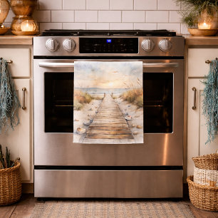 Sunset Beach Boardwalk Watercolor Kitchen Towel
