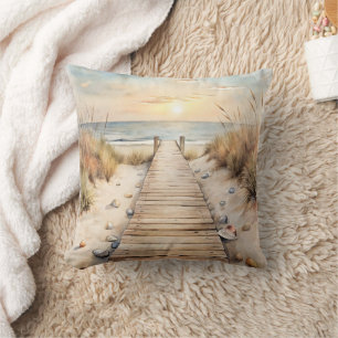 Sunset Beach Boardwalk Watercolor Throw Pillow