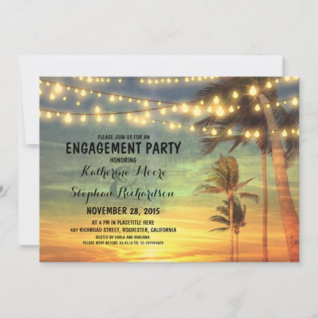 sunset beach engagement party string lights invitation (Front)