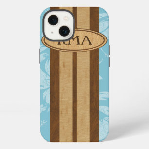 Sunset Beach Faux Wood Surfboard Hawaiian Monogram iPhone 13 Case