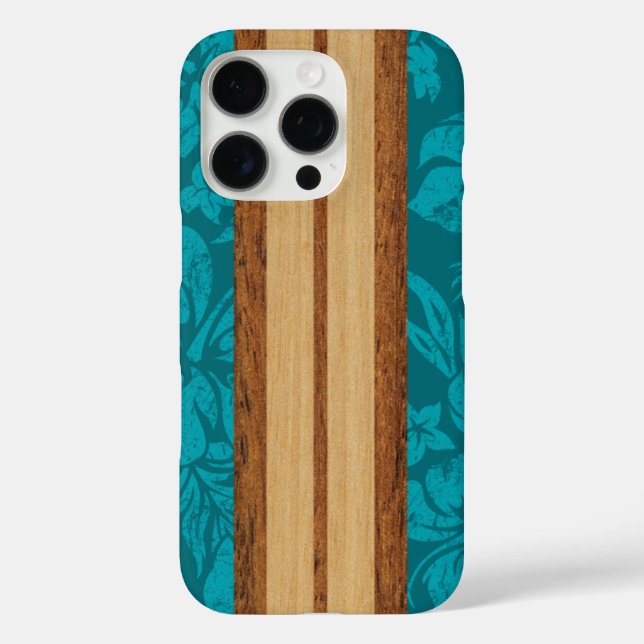 Sunset Beach Faux Wood Surfboard Hawaiian Teal Case-Mate iPhone Case (Back)