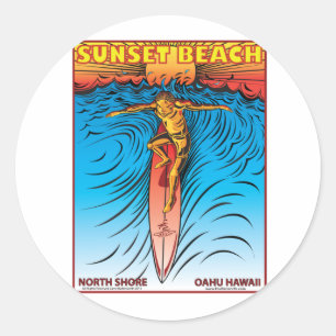 SUNSET BEACH HAWAII SURFING CLASSIC ROUND STICKER