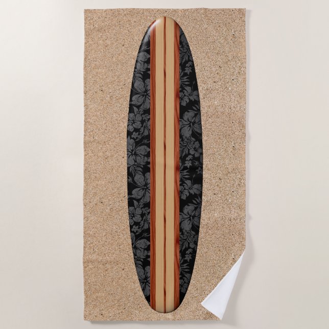 Sunset Beach Hawaiian Faux Wood Surfboard - Black Towel (Front)