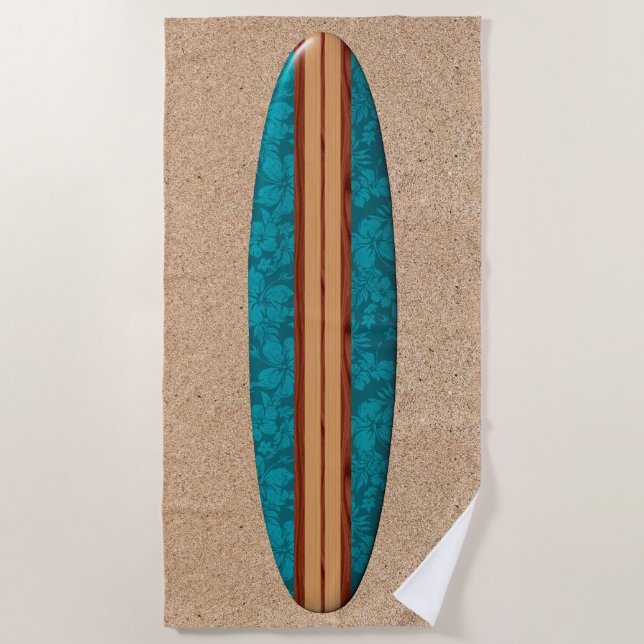 Sunset Beach Hawaiian Faux Wood Surfboard - Teal Beach Towel (Front)