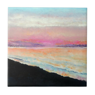 Sunset Beach Lake Pink Blue Painting Tile