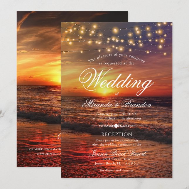 Sunset Beach Lights Summer Wedding & Reception Invitation (Front/Back)
