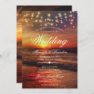 Sunset Beach Lights Summer Wedding & Reception Invitation