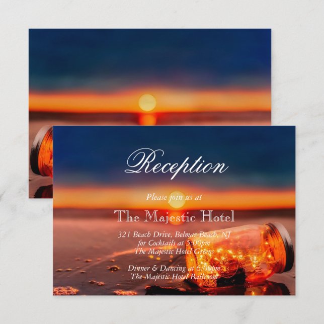 Sunset Beach Mason Jar Blue Night Reception Card (Front/Back)