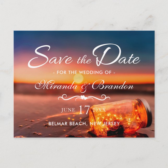 Sunset Beach Mason Jar Blue Night Save the Date Announcement Postcard (Front)
