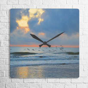 Sunset Beach Orange Florida Ocean Warm Abstract Square Wall Clock