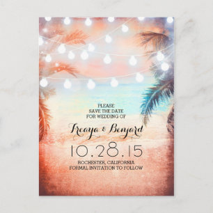 sunset beach & palm string lights save the date announcement postcard