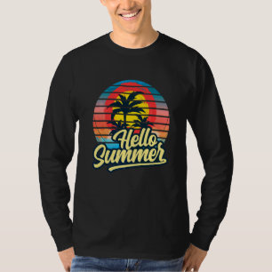 Sunset Beach Palm Tree Hello Summer Vacation Holi T-Shirt