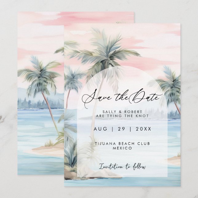 Sunset beach palms save the date card (Front/Back)