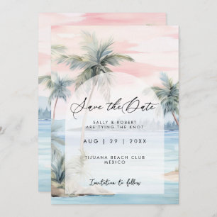 Sunset beach palms save the date card