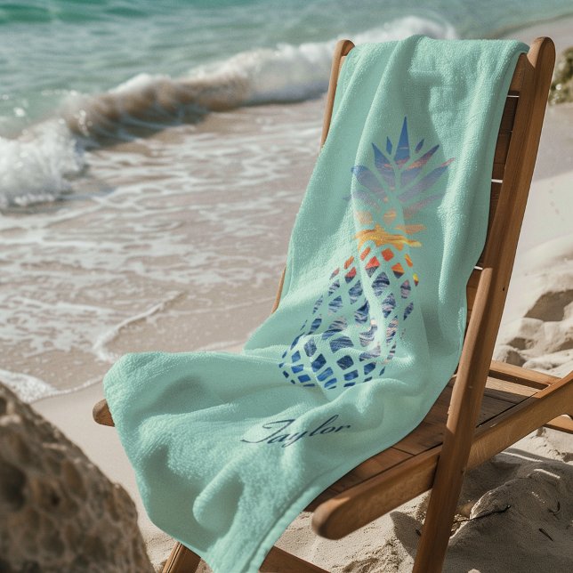 Sunset Beach Pineapple Custom Towel (Tropical Pineapple Teal Beach Towel)