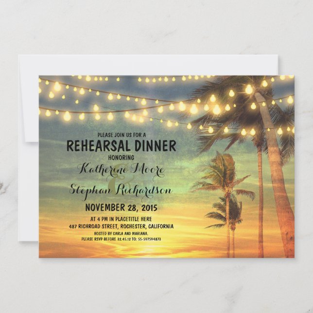 sunset beach rehearsal dinner string lights invitation (Front)