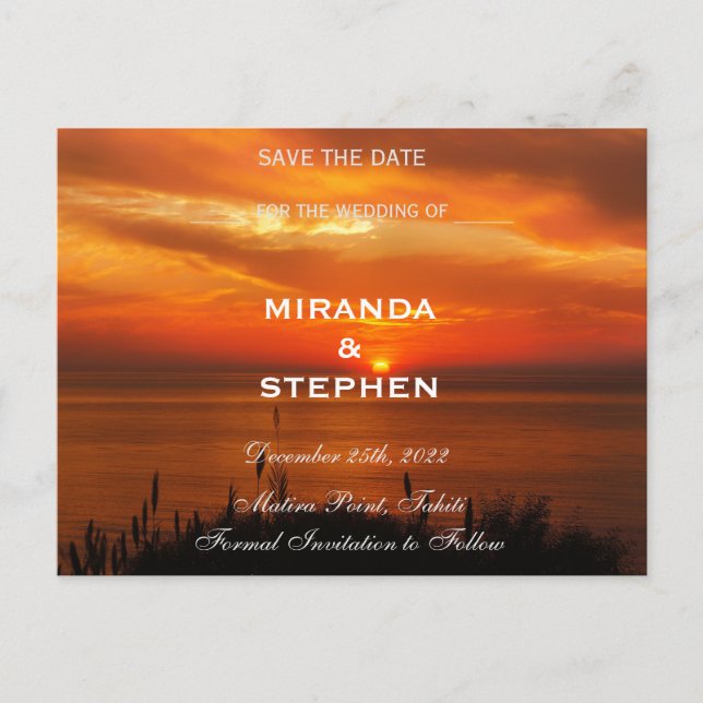 Sunset beach save the date announcement postcard (Front)