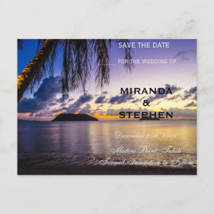 Sunset beach save the date announcement postcard